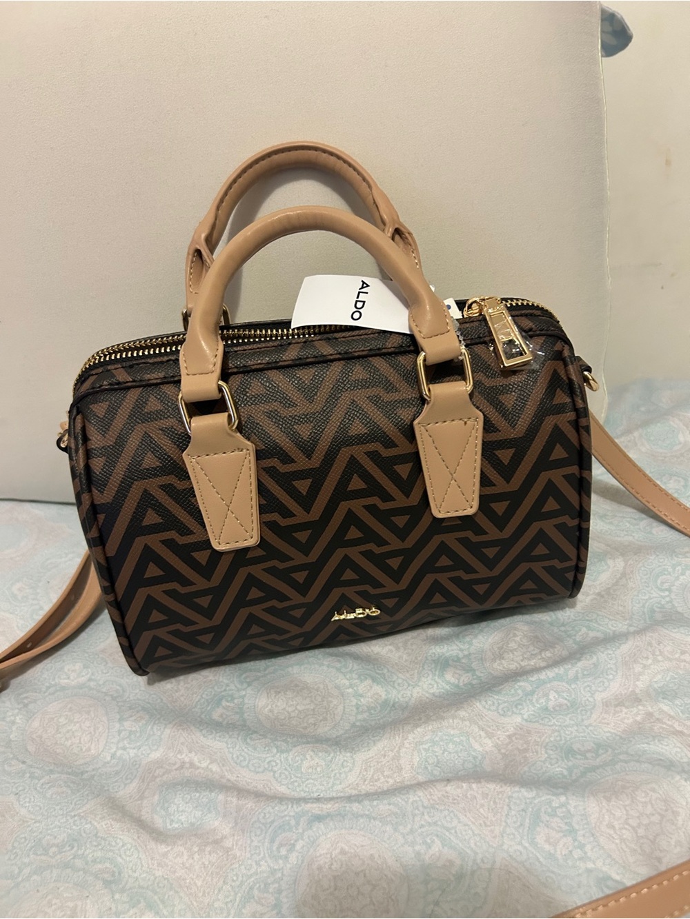 ALDO Brown Logo-Print Crossbody with Tan Trim
